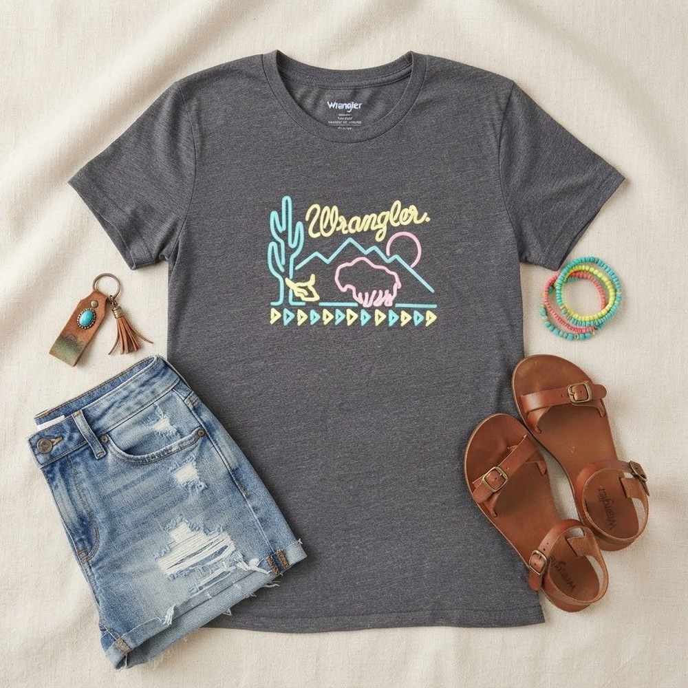 Wrangler Womens Graphic T-Shirt Gray Neon Desert Buffalo Cactus Small